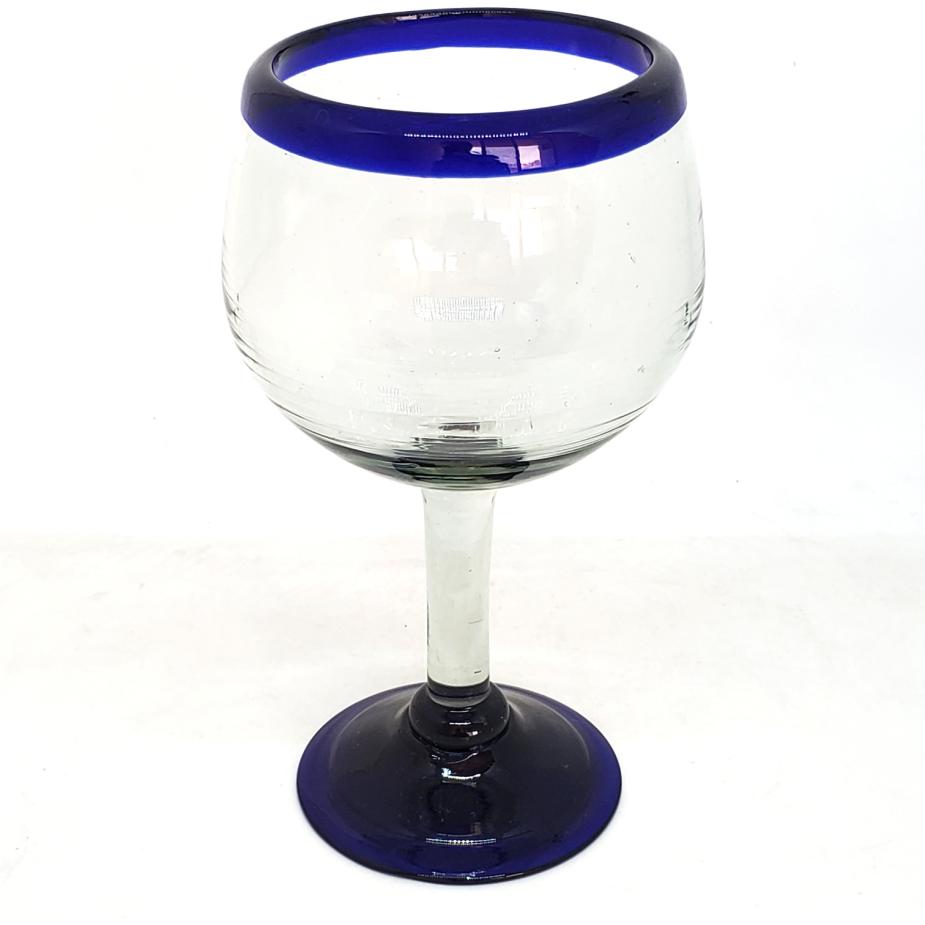 VIDRIO SOPLADO / Juego de 6 copas tipo globo con borde azul cobalto / stas copas de vino tipo globo son las ms grandes en su tipo, las disfrutar al capturar el aroma de un buen vino tinto.